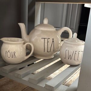 Rae Dunn White Ceramic Tea Set with Black Lettering